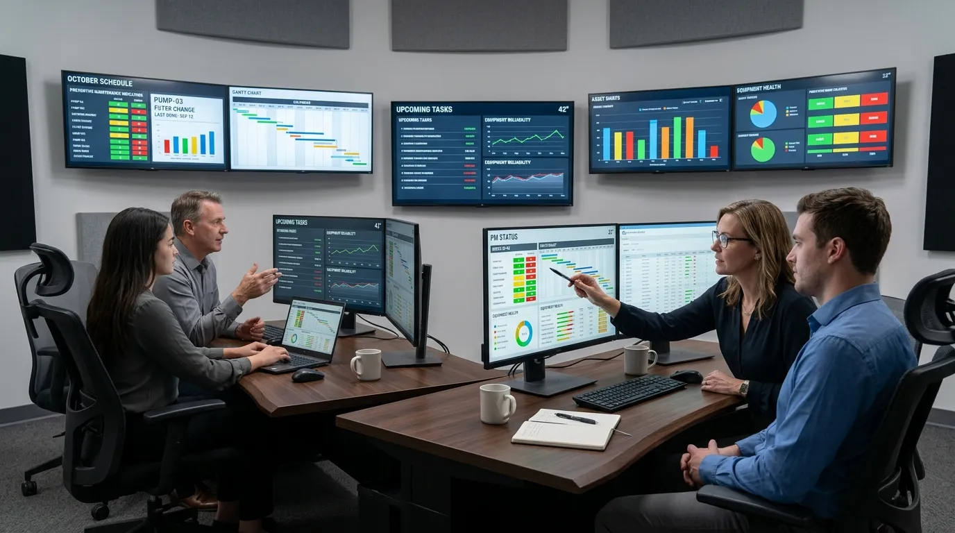 Equipe gerenciando cronograma de manutenção preventiva em painel de controle digital.