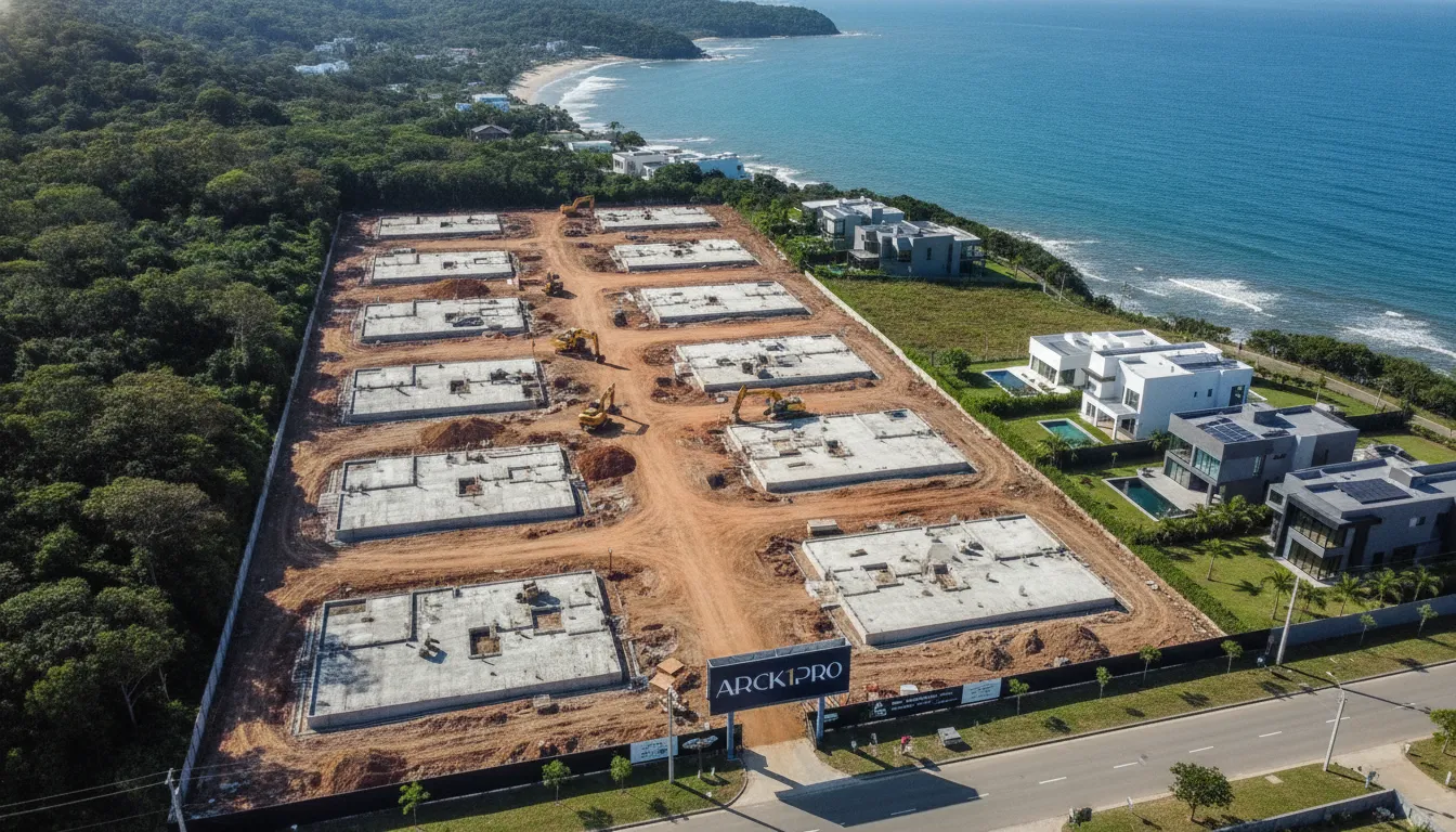Vista aérea de canteiro de obras de luxo na costa catarinense, exemplificando como e onde investir dinheiro em imóveis.