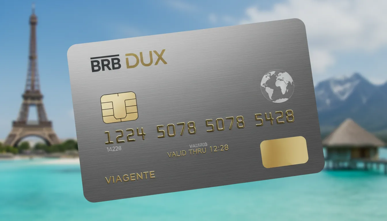 Close-up do cartão brb dux, destacando seu design elegante e os destinos de luxo ao fundo, refletindo os benefícios oferecidos.