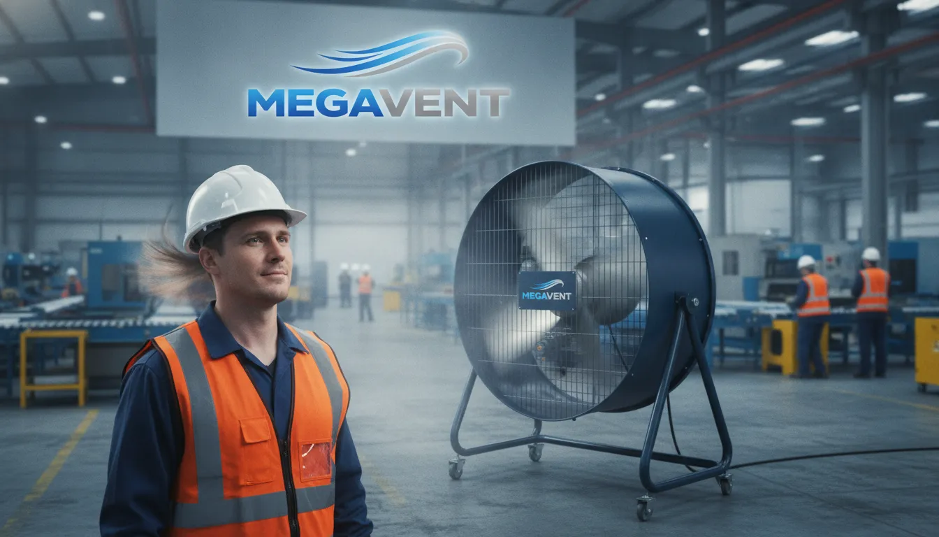 Trabalhador em fábrica sente o fluxo de ar de um circulador de ar industrial MegaVent, demonstrando eficiência.