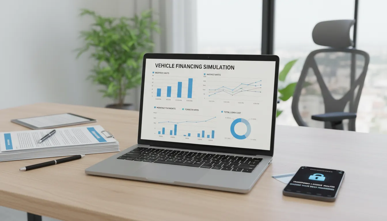 Simulação de financiamento de veículos em laptop, destacando comparação e análise de propostas financeiras