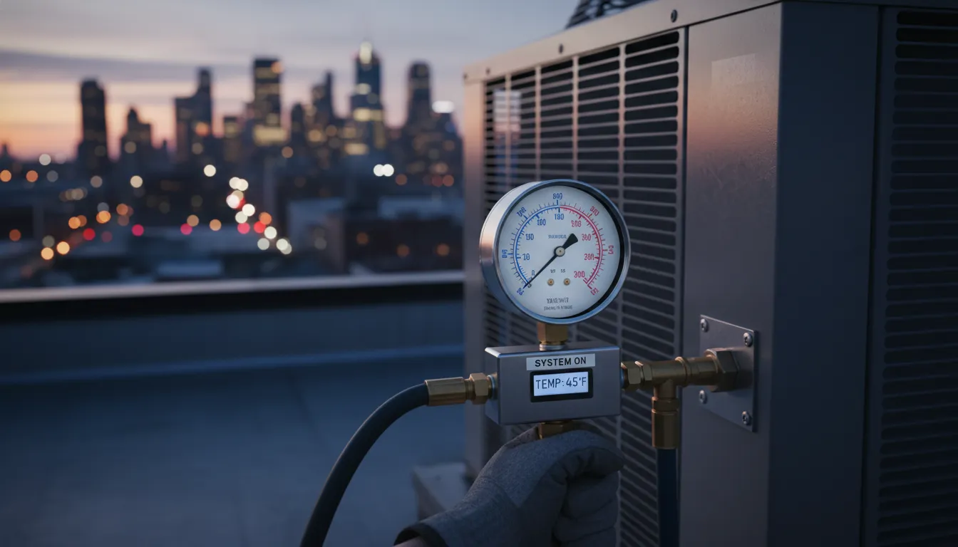 Medição de gás refrigerante em sistema HVAC comercial, parte vital da manutenção em refrigeração comercial.