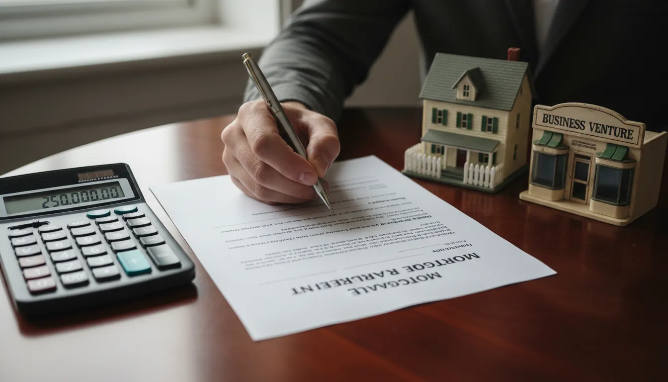 Assinatura de contrato de financiamento com maquetes de casa e loja simbolizando escolhas financeiras.