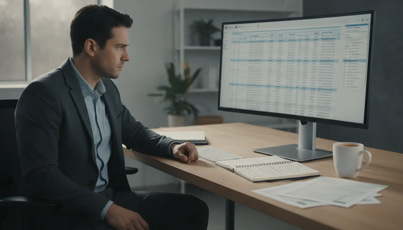 Pessoa concentra-se em monitor com transações de criptomoedas e cálculos fiscais, buscando crypto tax reporting relief.