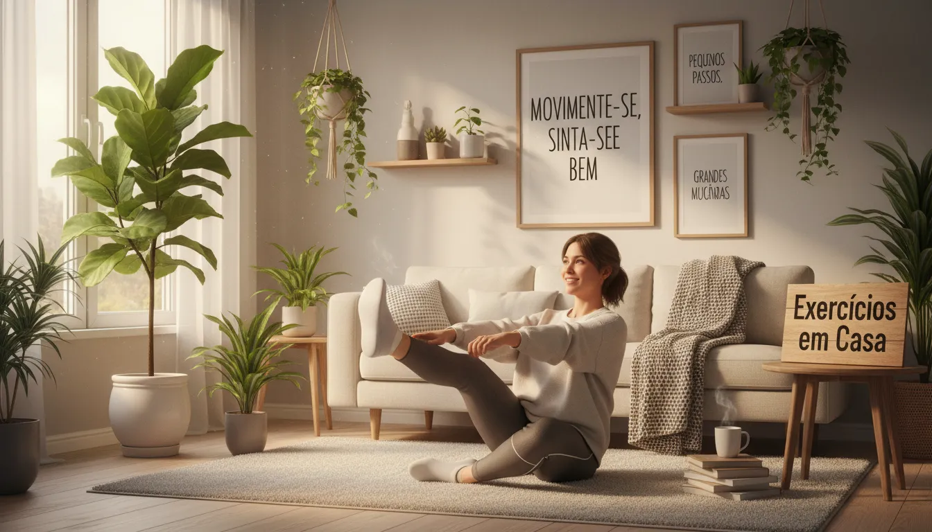Ambiente caseiro confortável com exercícios simples para quem trabalha sentado.