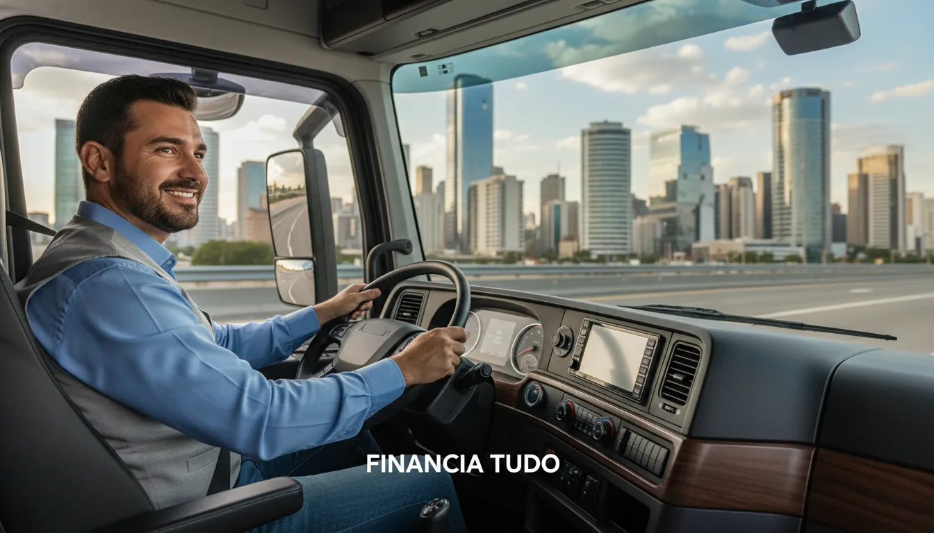 Motorista sorrindo na cabine de um caminhão novo, simbolizando a realização do sonho através do financiamento de caminhões da Financia Tudo.