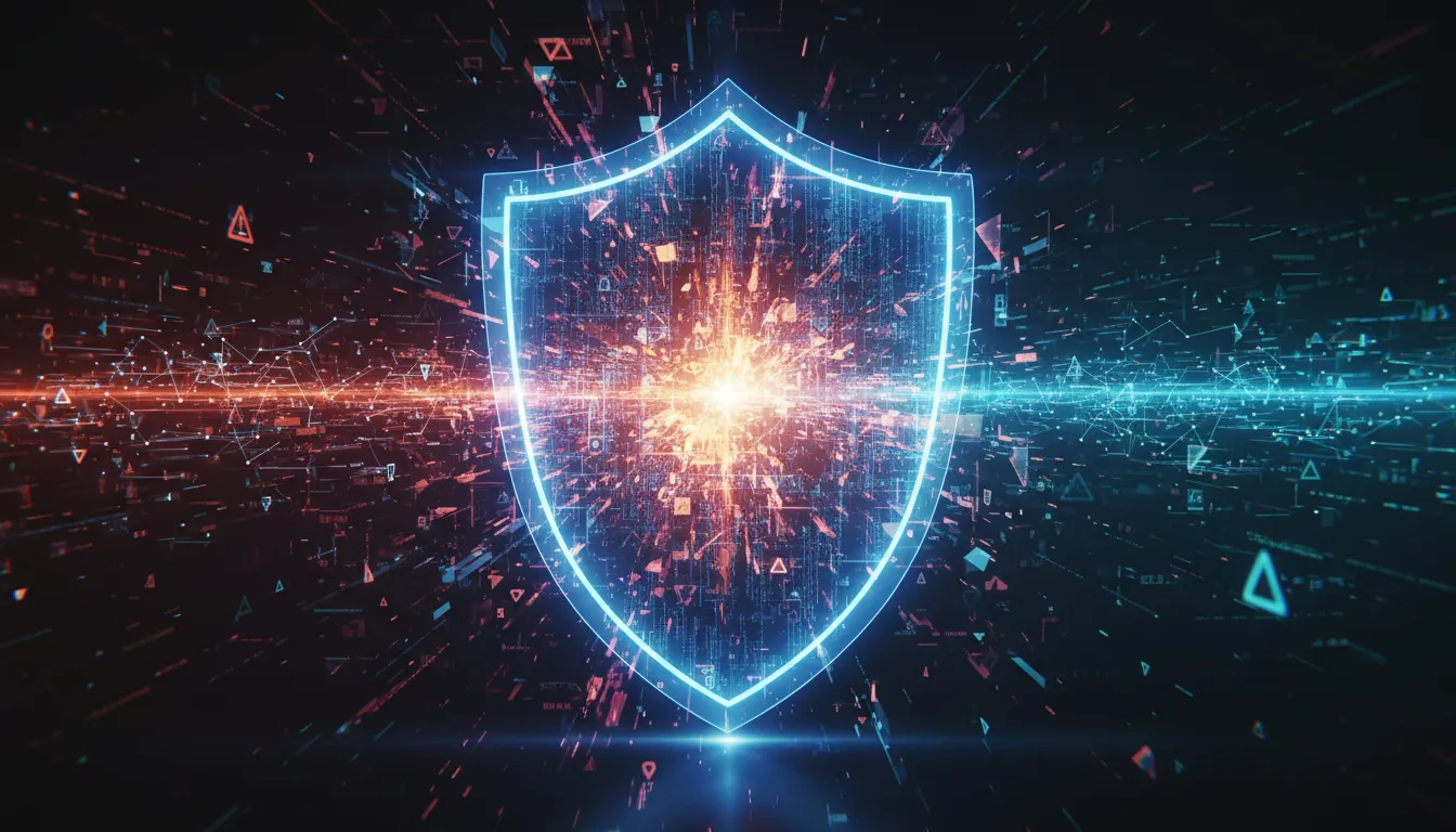 Um escudo digital forte e brilhante InfoLock impedindo vazamento de dados, ilustrando a prevenção de ataques cibernéticos e a proteção RIPD LGPD.