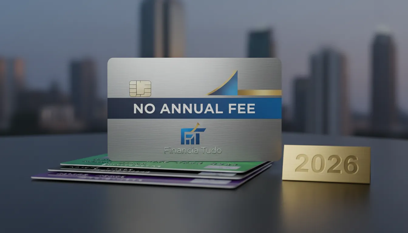 Vários cartões de crédito empilhados, com o destaque para a frase 'Sem Anuidade' em negrito, simbolizando o melhor cartão de crédito sem anuidade para 2026.