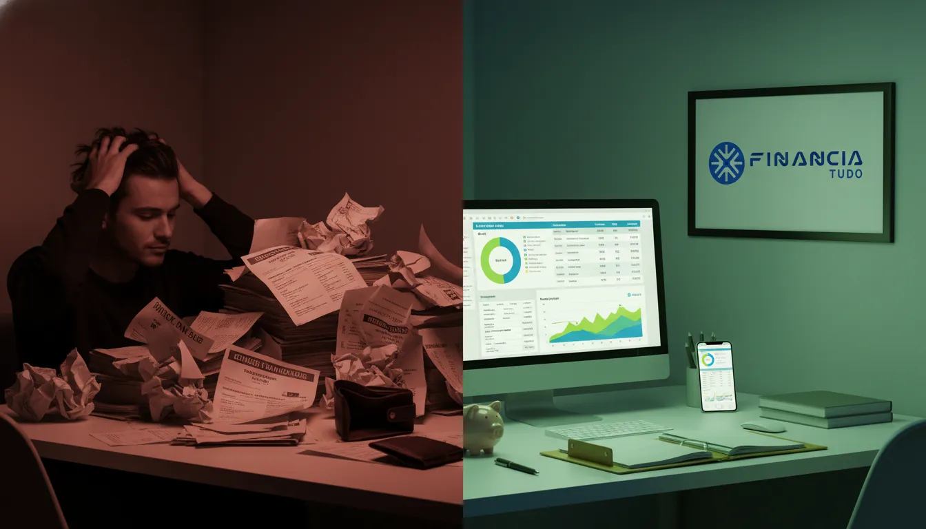 Comparativo de antes e depois ao trocar dívida por empréstimo com garantia, mostrando organização financeira com Financia Tudo.
