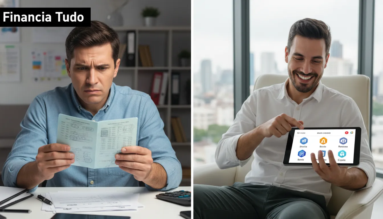 Imagem comparativa mostrando uma pessoa estressada com a poupança tradicional e outra sorrindo ao gerenciar investimentos diversos, refletindo se a poupança vale a pena.