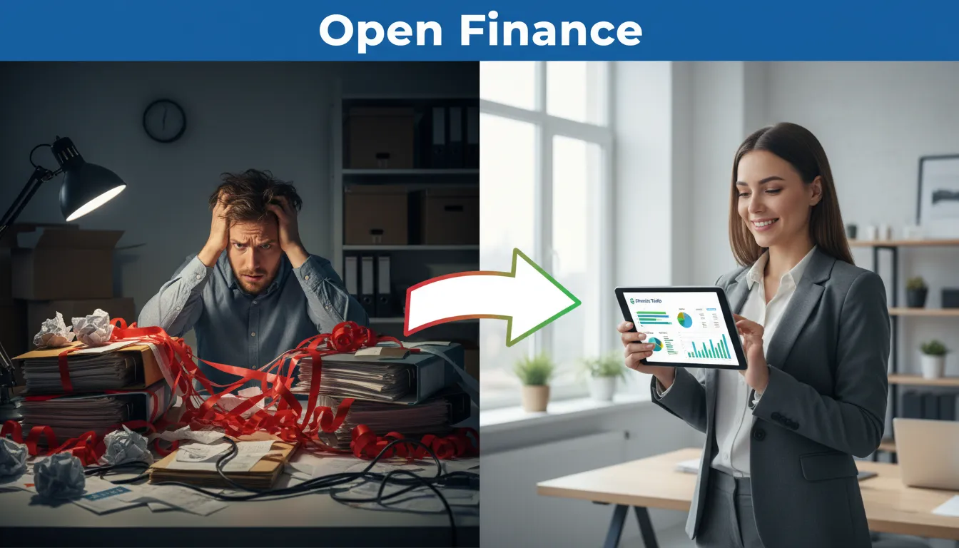 A transformação do caos financeiro para a organização com open finance, demonstrada visualmente. Logo da Financia Tudo.