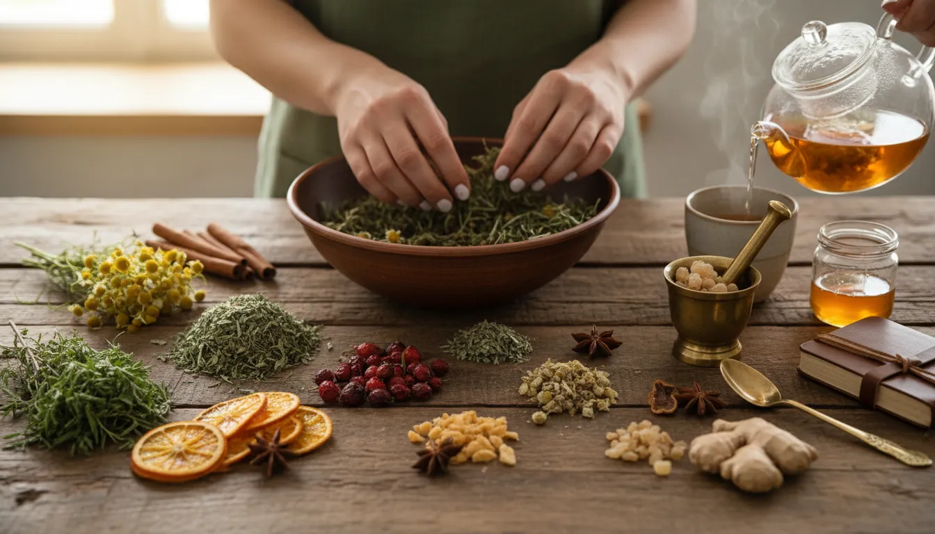 Preparação de chá de ervas, demonstrando as terapias alternativas e medicina natural para saúde e bem-estar, com foco nos ingredientes e processo.