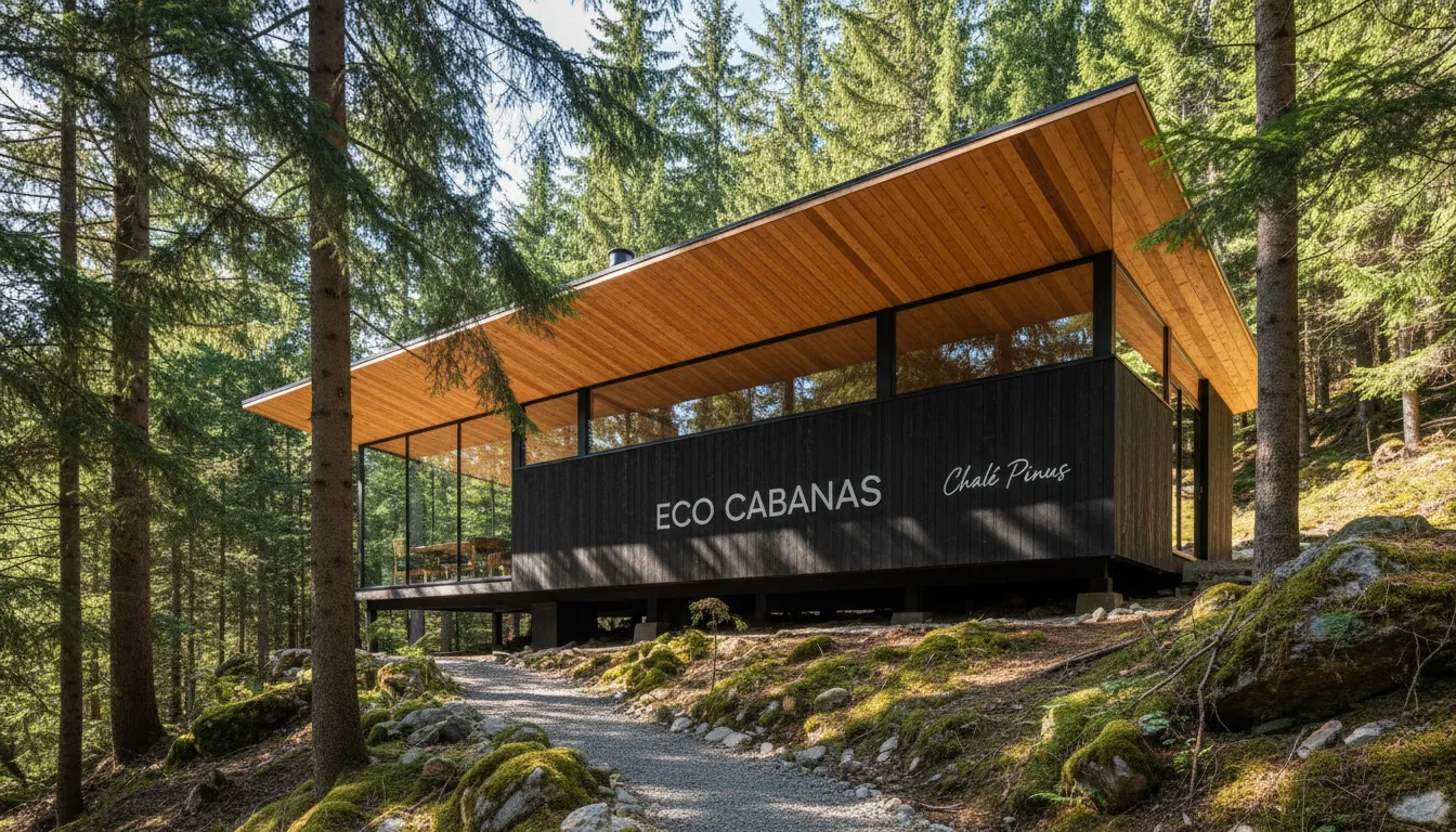 Visão externa de um chalé moderno com o elegante forro de madeira pinus à mostra, em harmonia com a natureza, representando a Eco Cabanas e seu refúgio sustentável.