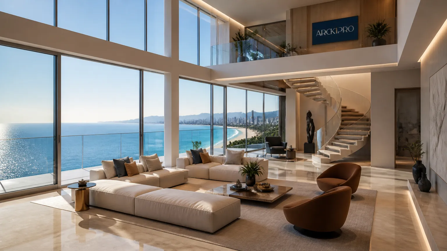 Interior sofisticado de cobertura em branded residences com vista para o oceano.