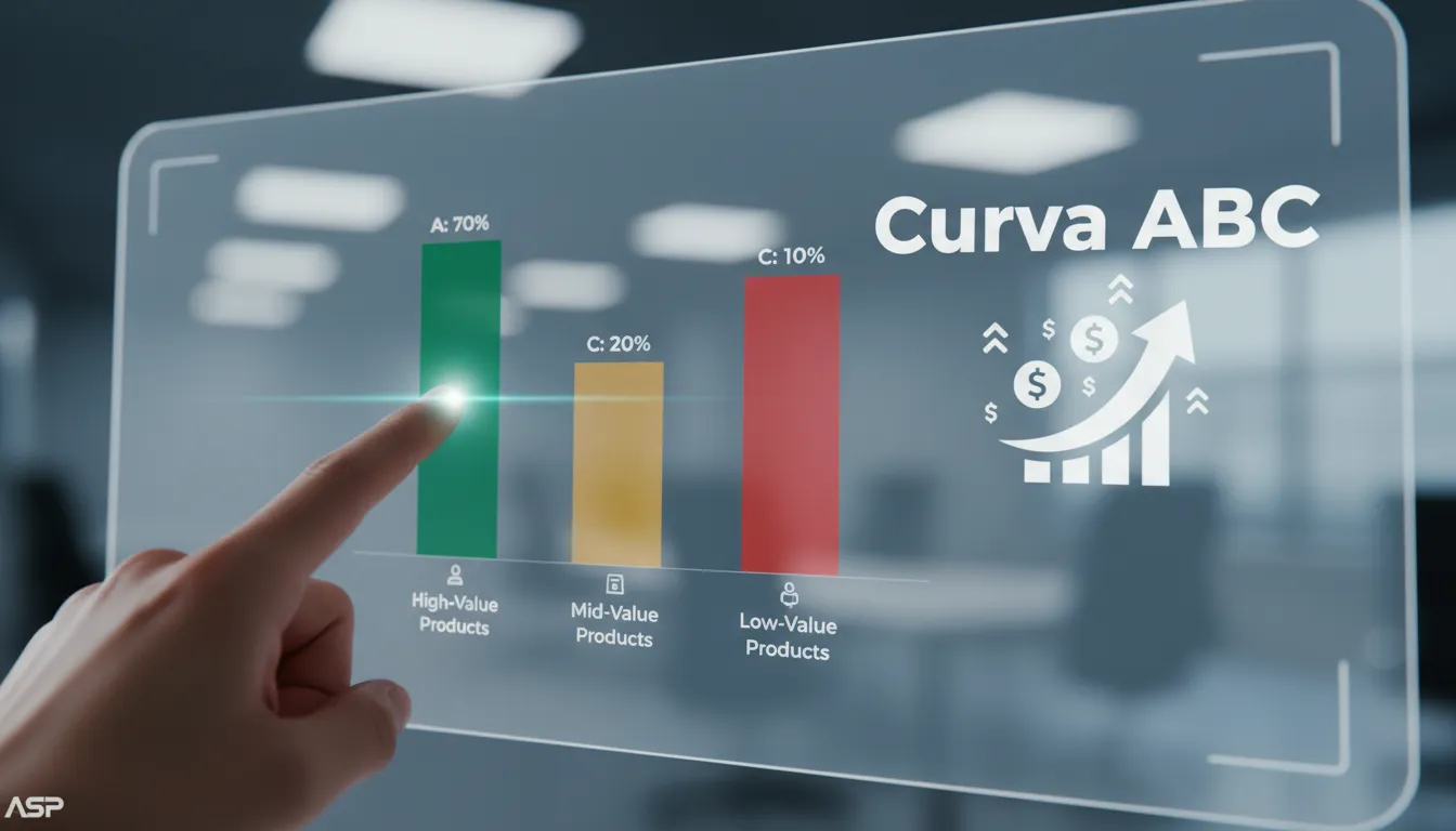 Um dashboard moderno exibindo uma análise curva ABC, destacando a classificação de produtos em categorias A, B e C, demonstrando a importância da identificação dos itens de maior valor.