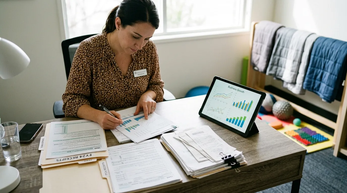 Planejamento e contabilidade para terapeutas ocupacionais organizando finanças do consultório.