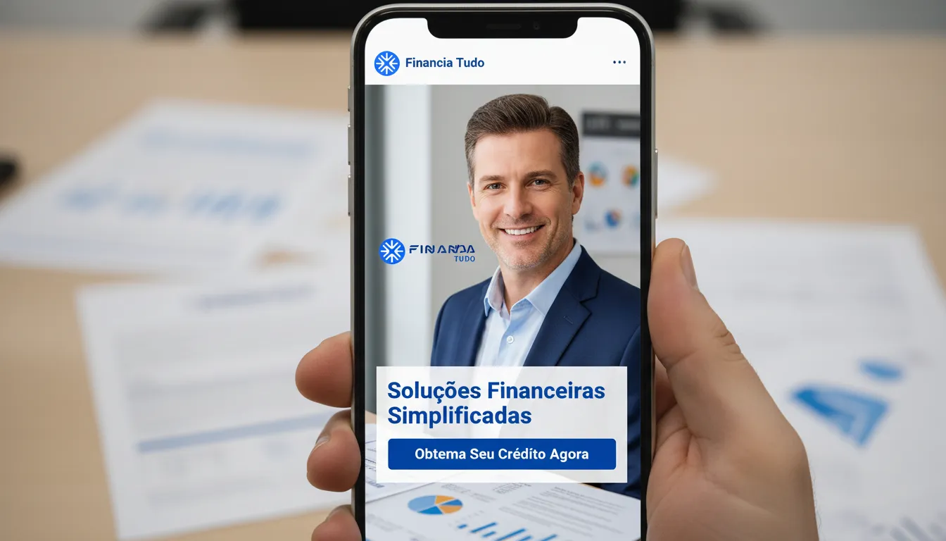 Anúncio da Financia Tudo em redes sociais busca atrair clientes interessados em crédito e financiamento.