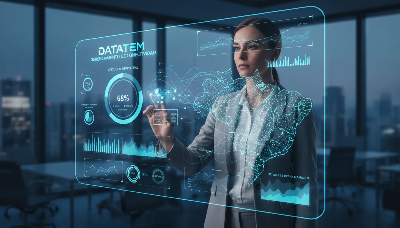 Plataforma de gestão Datatem em um escritório moderno, monitorando em tempo real a conectividade para segurança eletrônica e IoT.