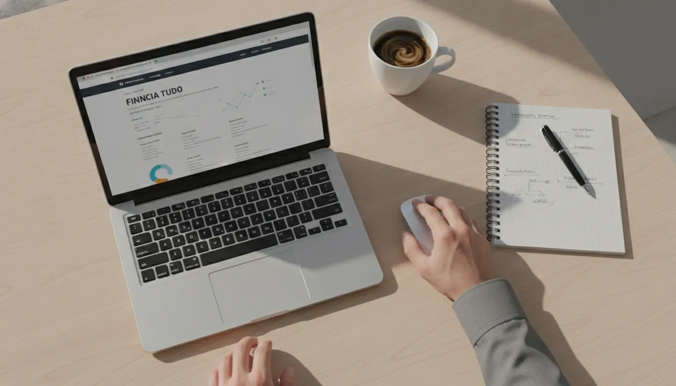 Mesa de trabalho com notebook Financia Tudo para indicação de crédito para consultoria empresarial.
