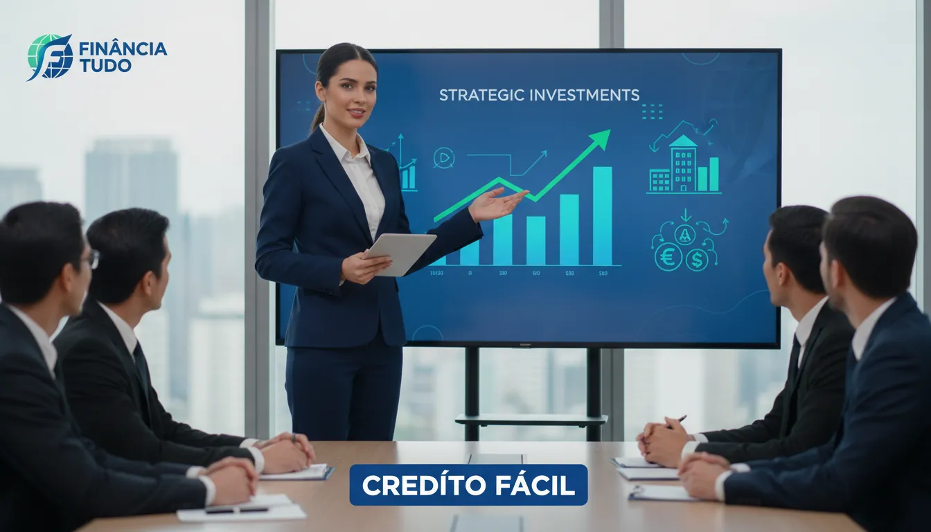 Mulher de negócios apresenta plano financeiro mostrando como bancos analisam crédito empresarial, com apoio da Financia Tudo.