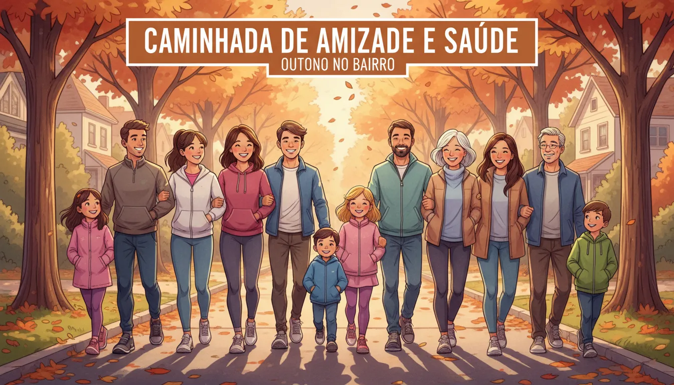 Grupo diverso caminhando juntos, enfatizando hábito saudável e conexão social.