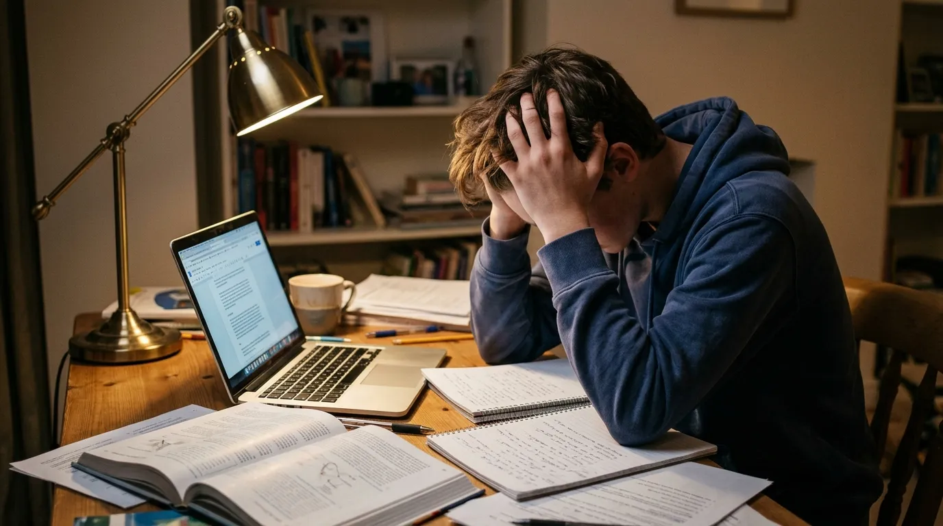 Jovem estressado estudando focado na saúde mental dos adolescentes e pressões escolares