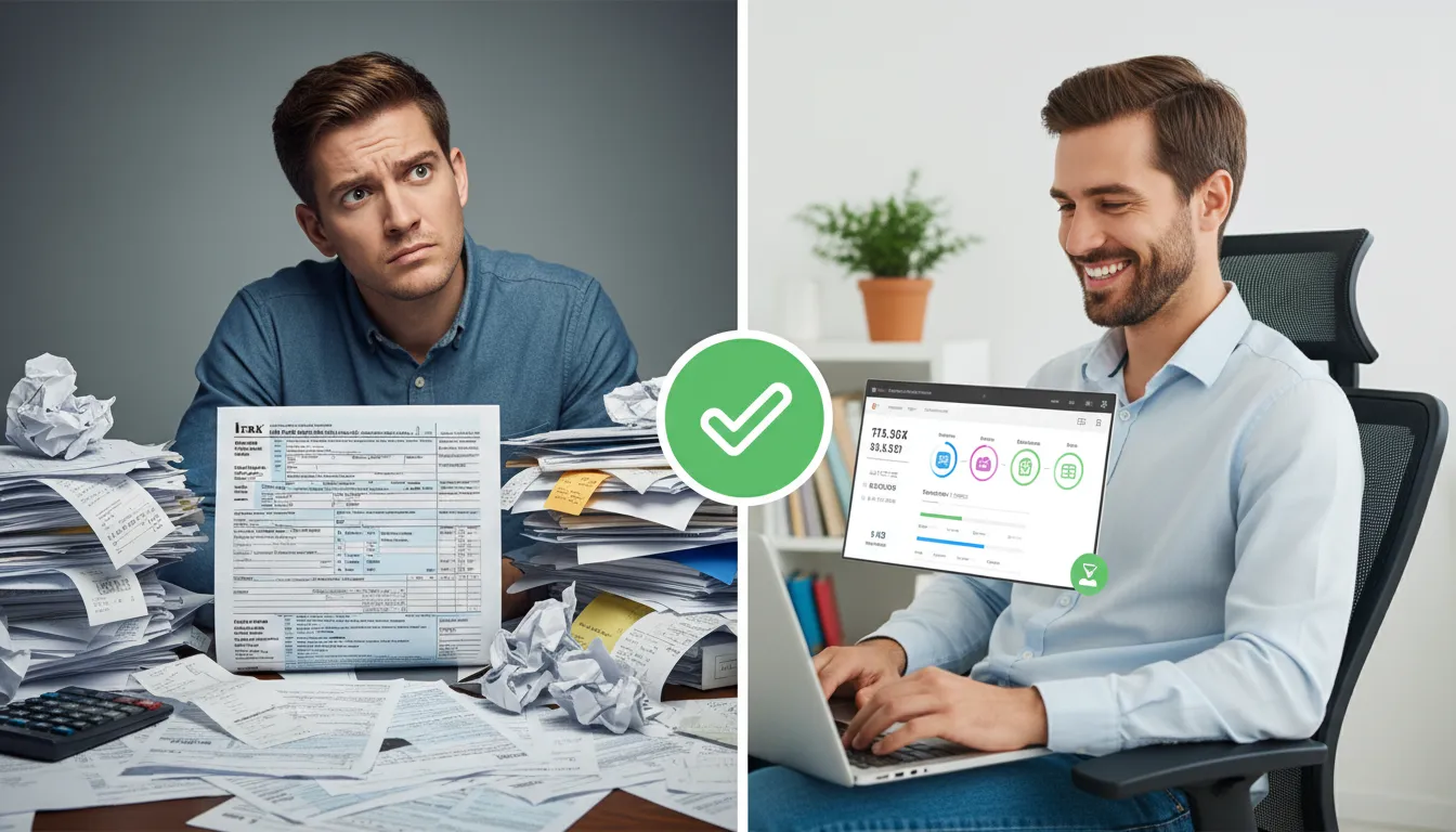 Comparativo visual da Declaração IRPF 2026: confusão versus clareza, destacando a facilidade proporcionada pelo uso de software de imposto de renda.