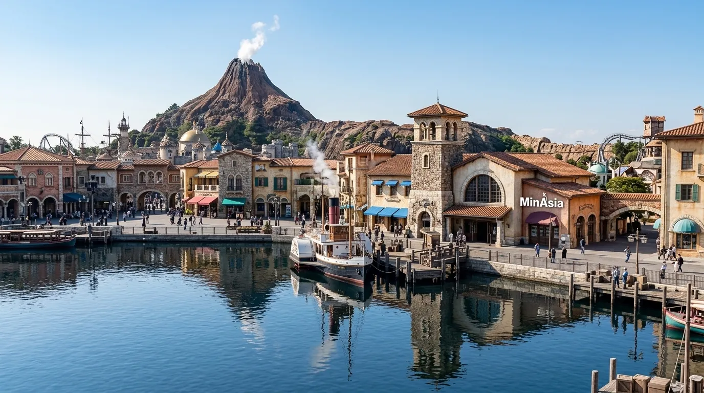 Porto tematico com vulcao ao fundo no tokyo disney resort em dia ensolarado.