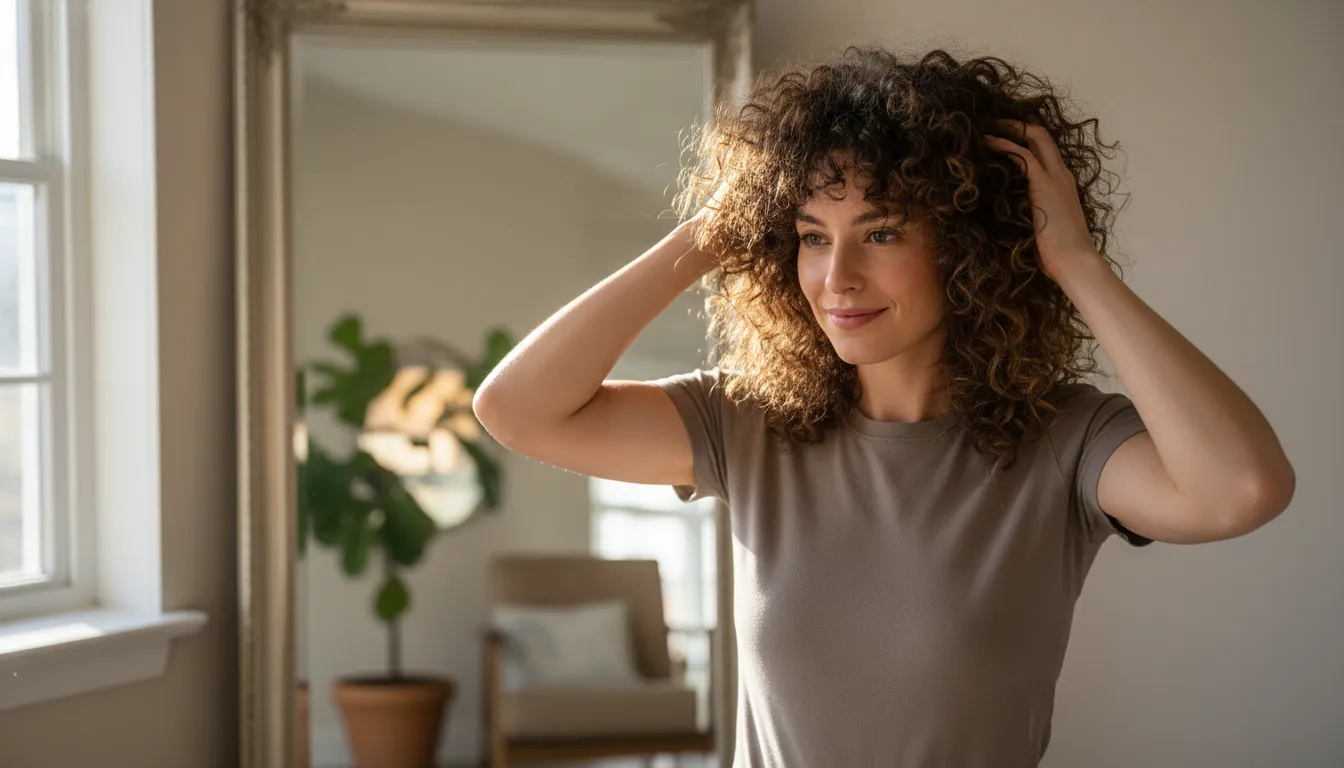 Mulher com cabelo cacheado revitalizando os cachos no day after cabelo, usando os dedos para dar forma e volume.