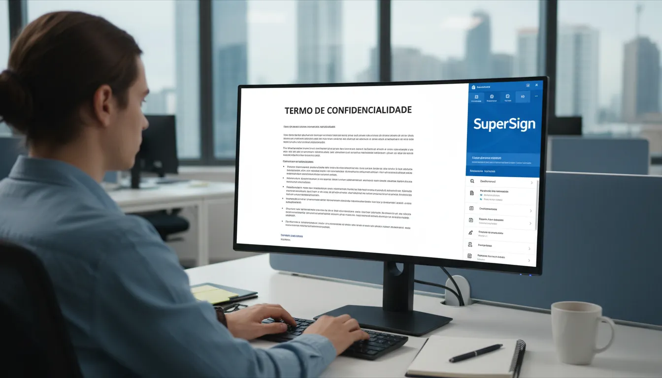 Um profissional trabalhando em um computador, visualizando um NDA modelo português na plataforma SuperSign.
