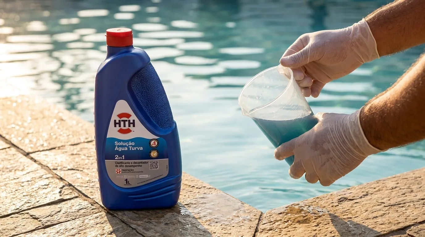 Aplicação de clarificante piscina Equibombas para manutenção e tratamento de água.