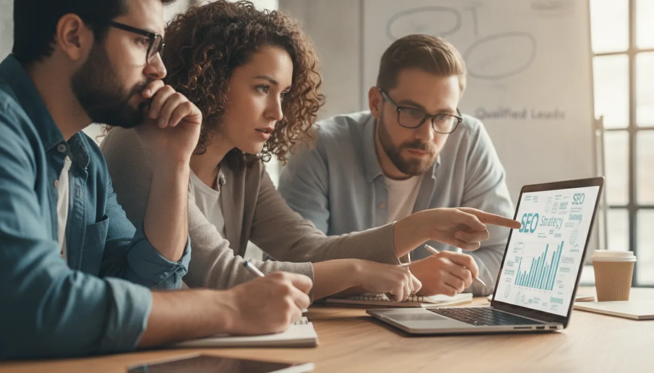 Equipe YouFound colaborando em estratégia de SEO para criador de conteúdo no YouTube, gerando negócios.