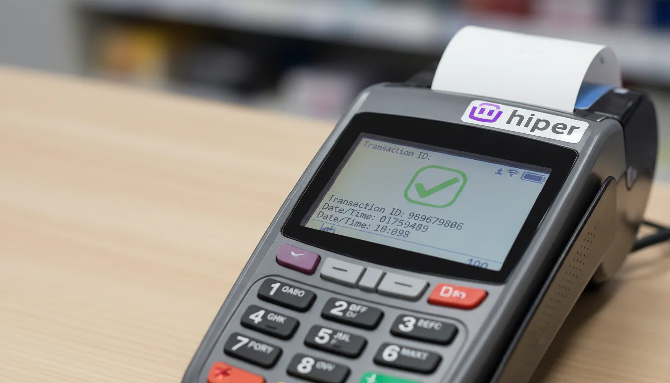 Detalhe da tela do terminal TEF: o que é, exibindo uma confirmação de pagamento segura e bem-sucedida.