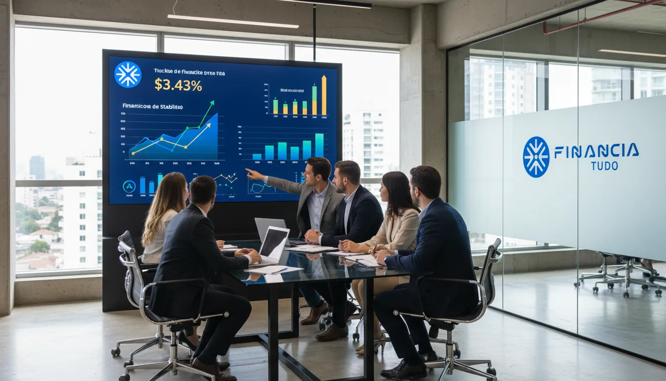 Equipe diversa discutindo estratégias de crédito para caminhão financiado como garantia, mostrando a expertise da Financia Tudo.