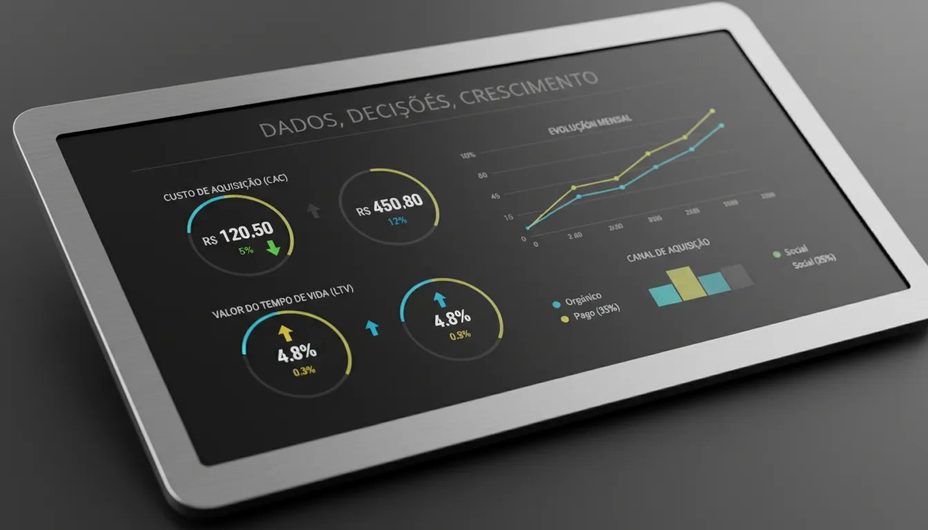 Dashboard com métricas de marketing para decisões estratégicas, visualizando a importância dos dados para vender infoprodutos 2026 e otimizar o crescimento.