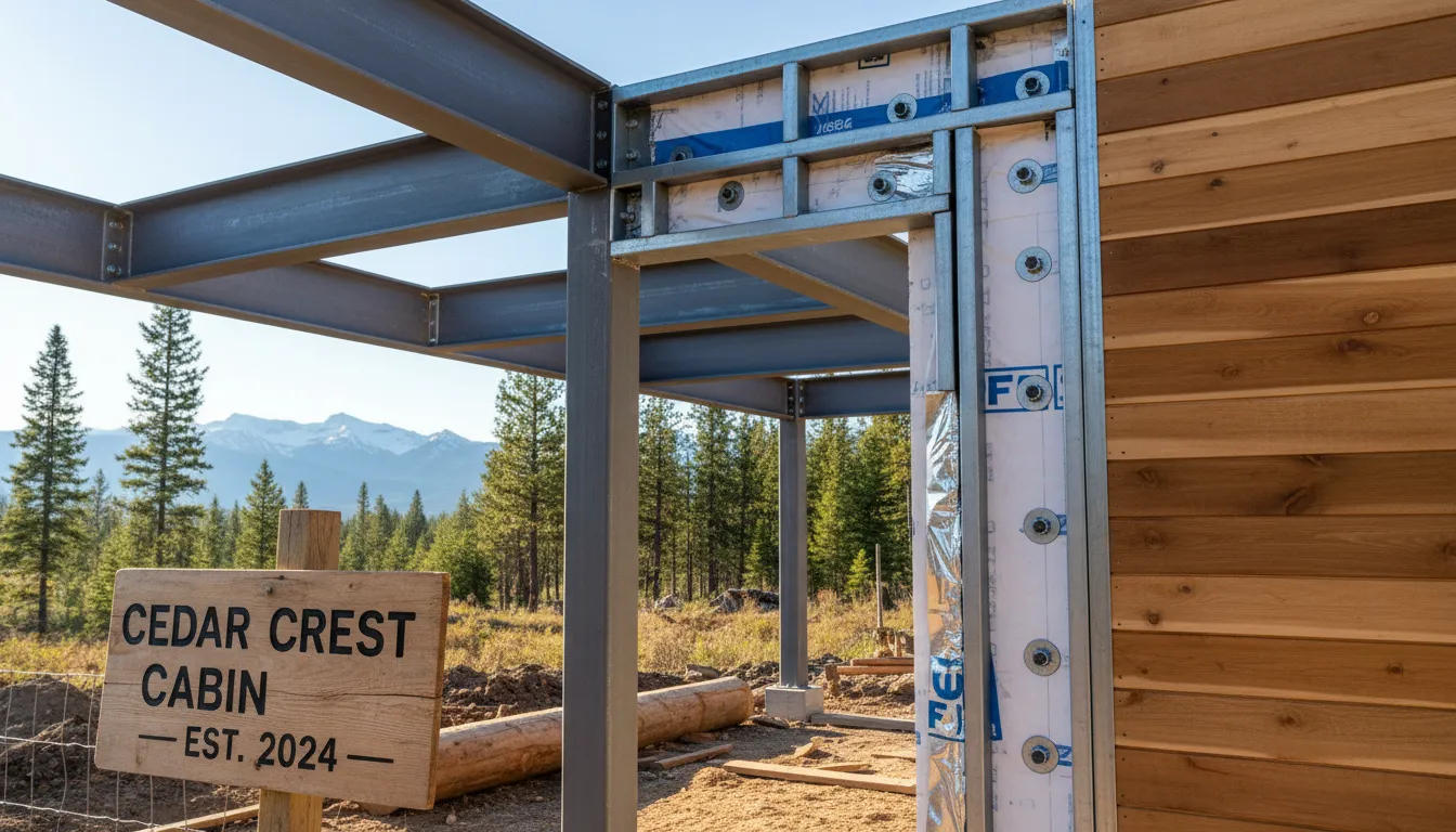 Detalhe da estrutura de steel frame em construção, mostrando vigas e camadas isolantes ao lado da natureza.