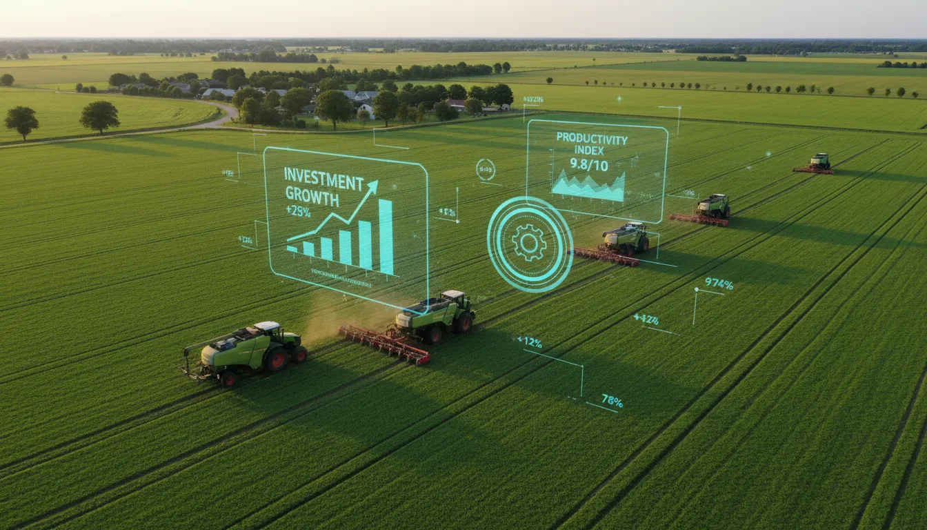 Lavoura com máquinas agrícolas trabalhando e gráficos holográficos de crédito e produtividade