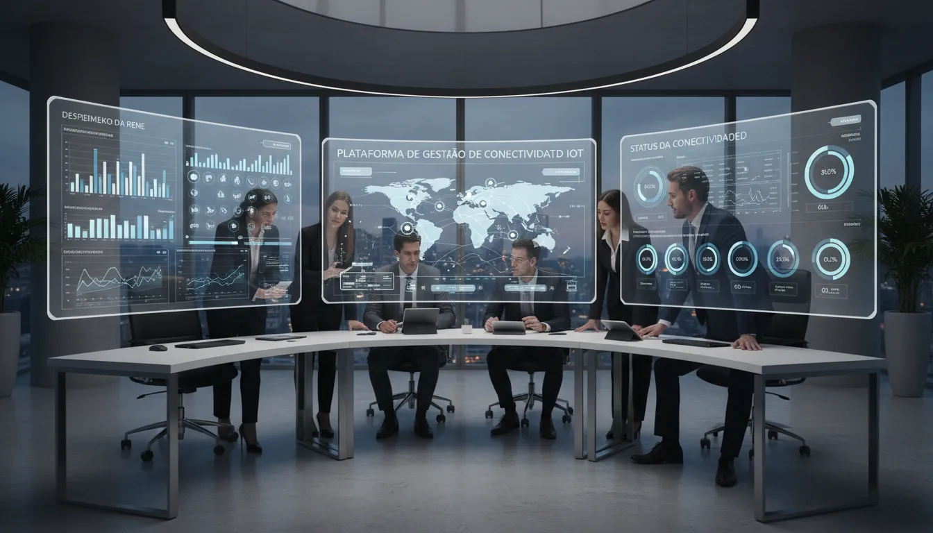 Equipe monitora plataforma de gestão de conectividade IoT em telas múltiplas em ambiente corporativo sofisticado