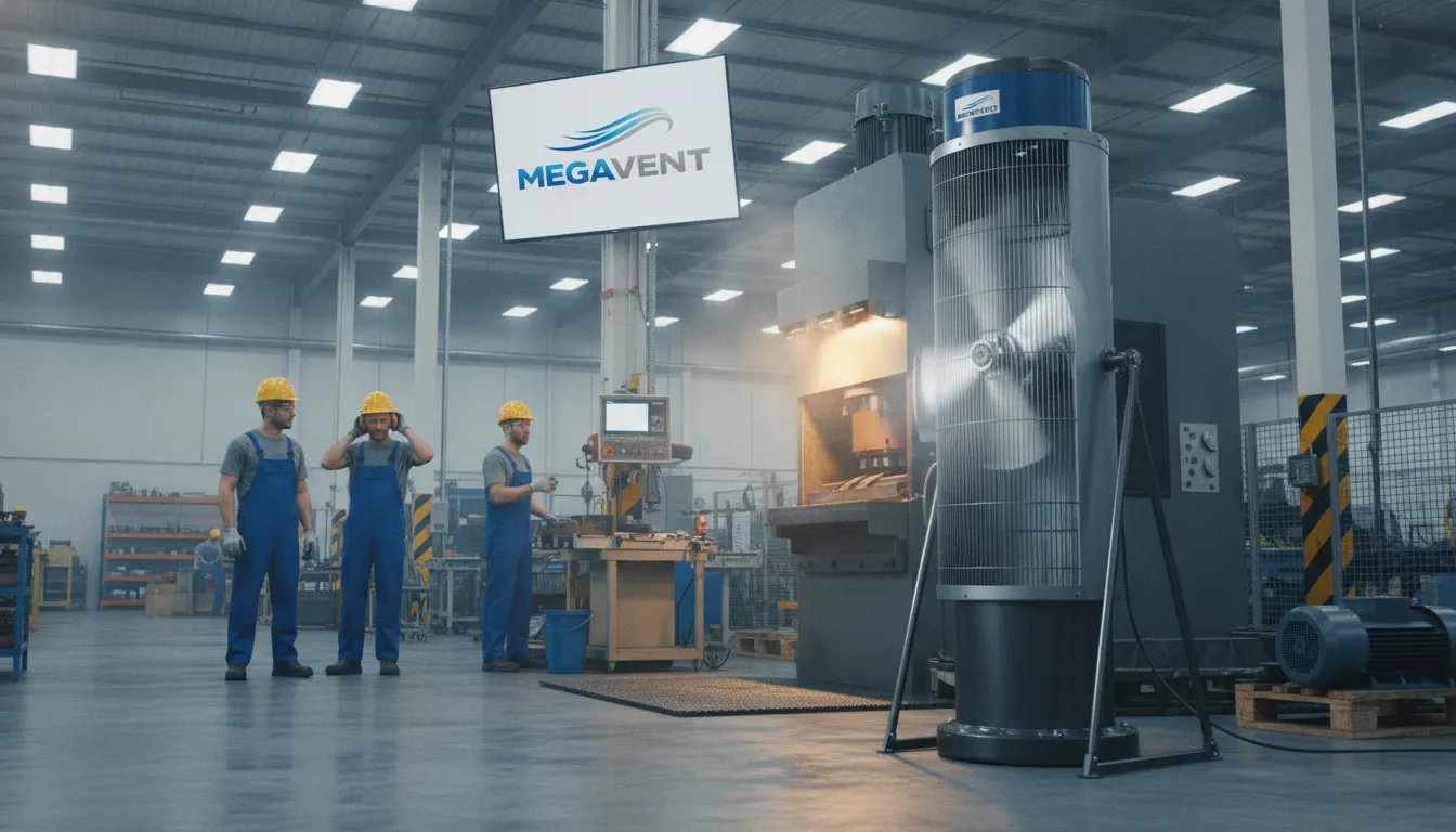 Ventilador de coluna industrial MegaVent operando em fábrica, proporcionando conforto térmico aos trabalhadores.