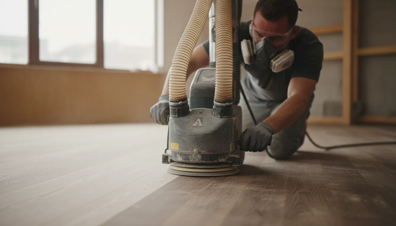 Dustless sanding in progress for Hardwood floor refinishing in New Jersey, ensuring minimal mess during the restoration process.