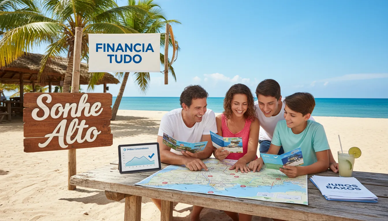 Família planejando férias após conseguir juros mais baixos nas dívidas. Financia Tudo ajuda a realizar seus objetivos com planejamento e organização financeira.