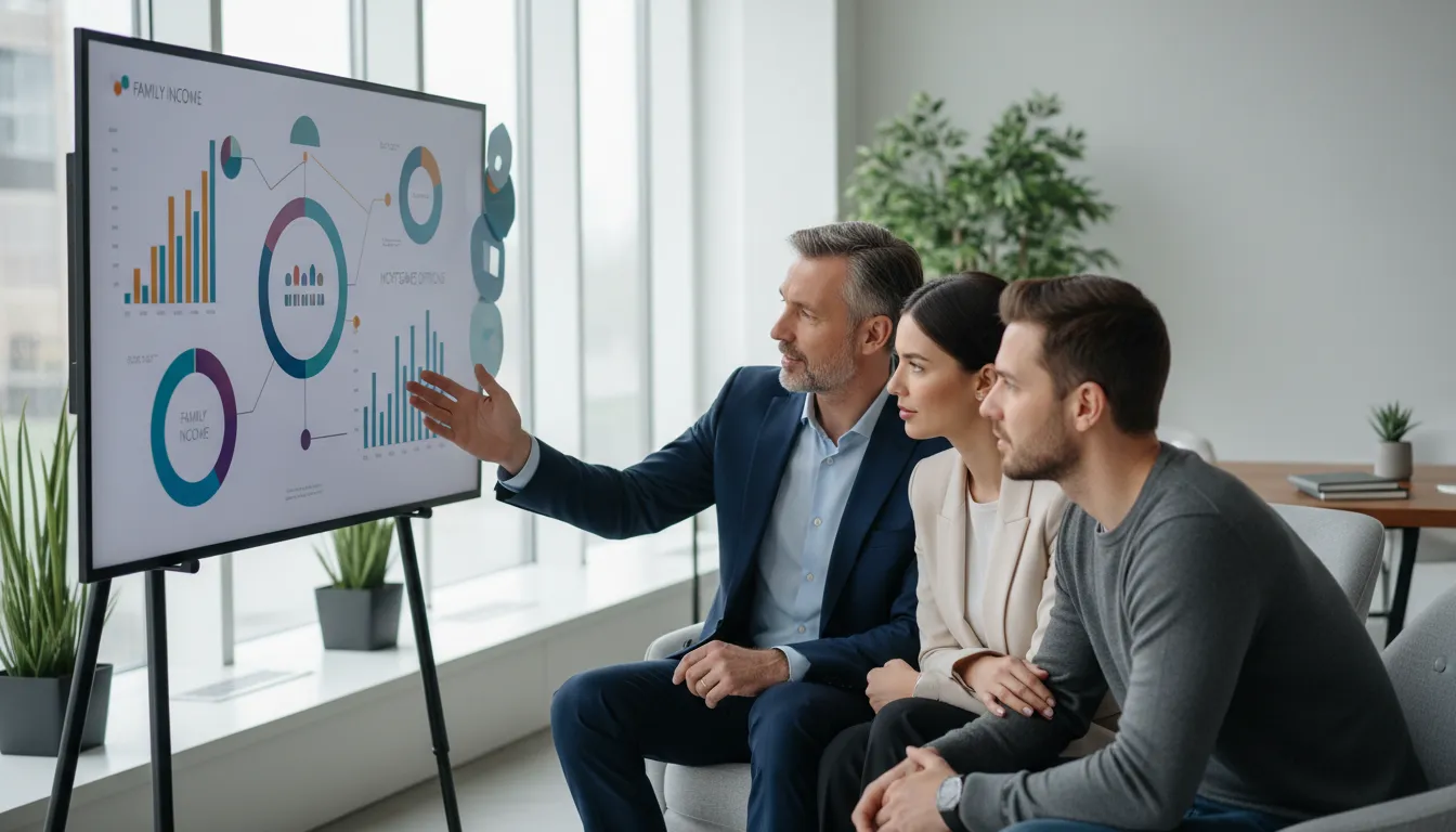 Consultor financeiro explicando opções de composição renda financiamento imobiliário a um jovem casal no escritório.