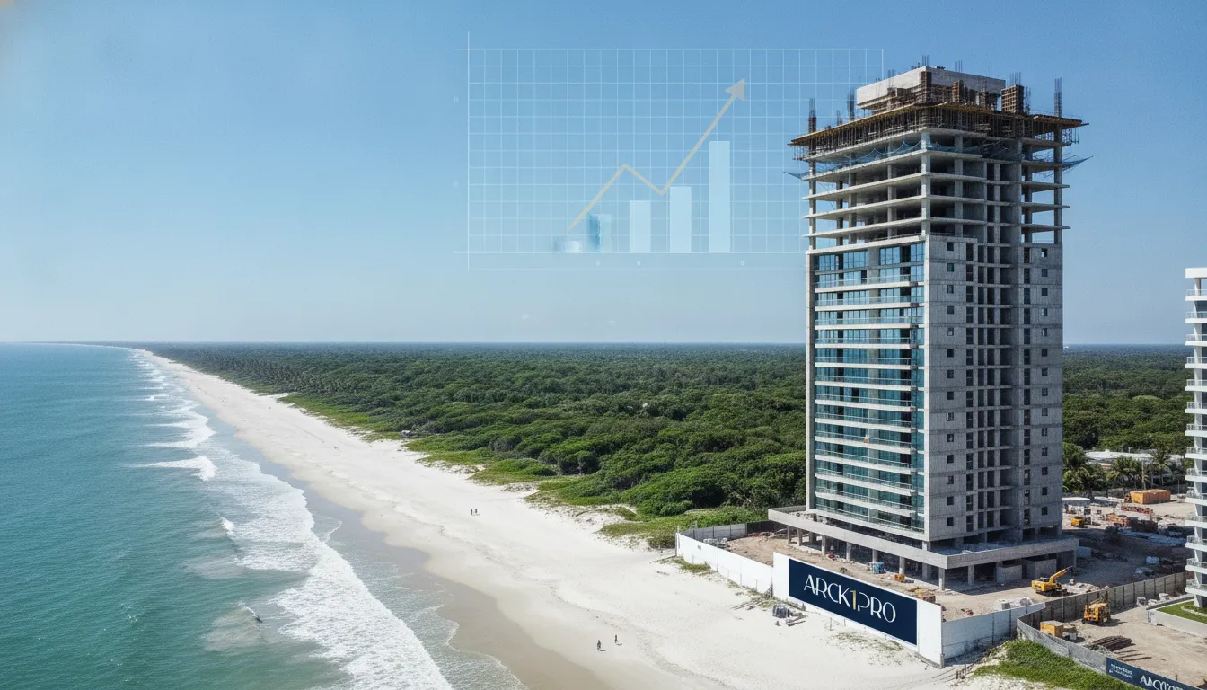 Torre residencial de luxo em construção no litoral catarinense, simbolizando investimento e reforma tributária.