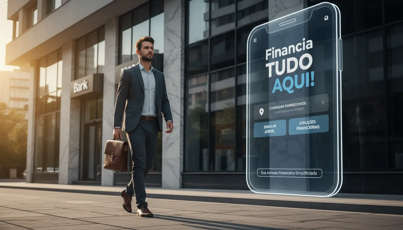 Homem caminhando em direção a um banco, com o app da Financia Tudo no celular, comparando opções de crédito. Escolha o melhor banco para empréstimo.