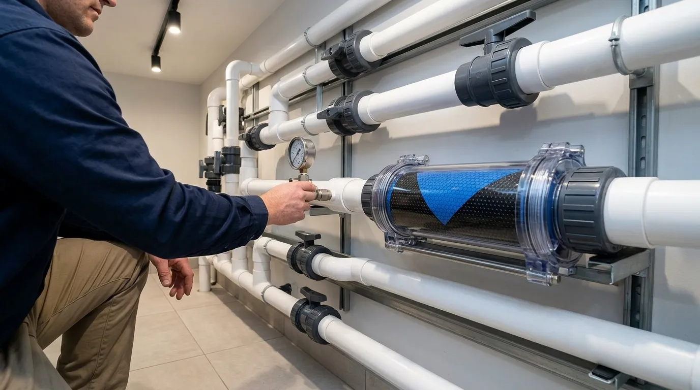 Instalação técnica de aquecedor elétrico piscina em casa de máquinas moderna e organizada Equibombas.