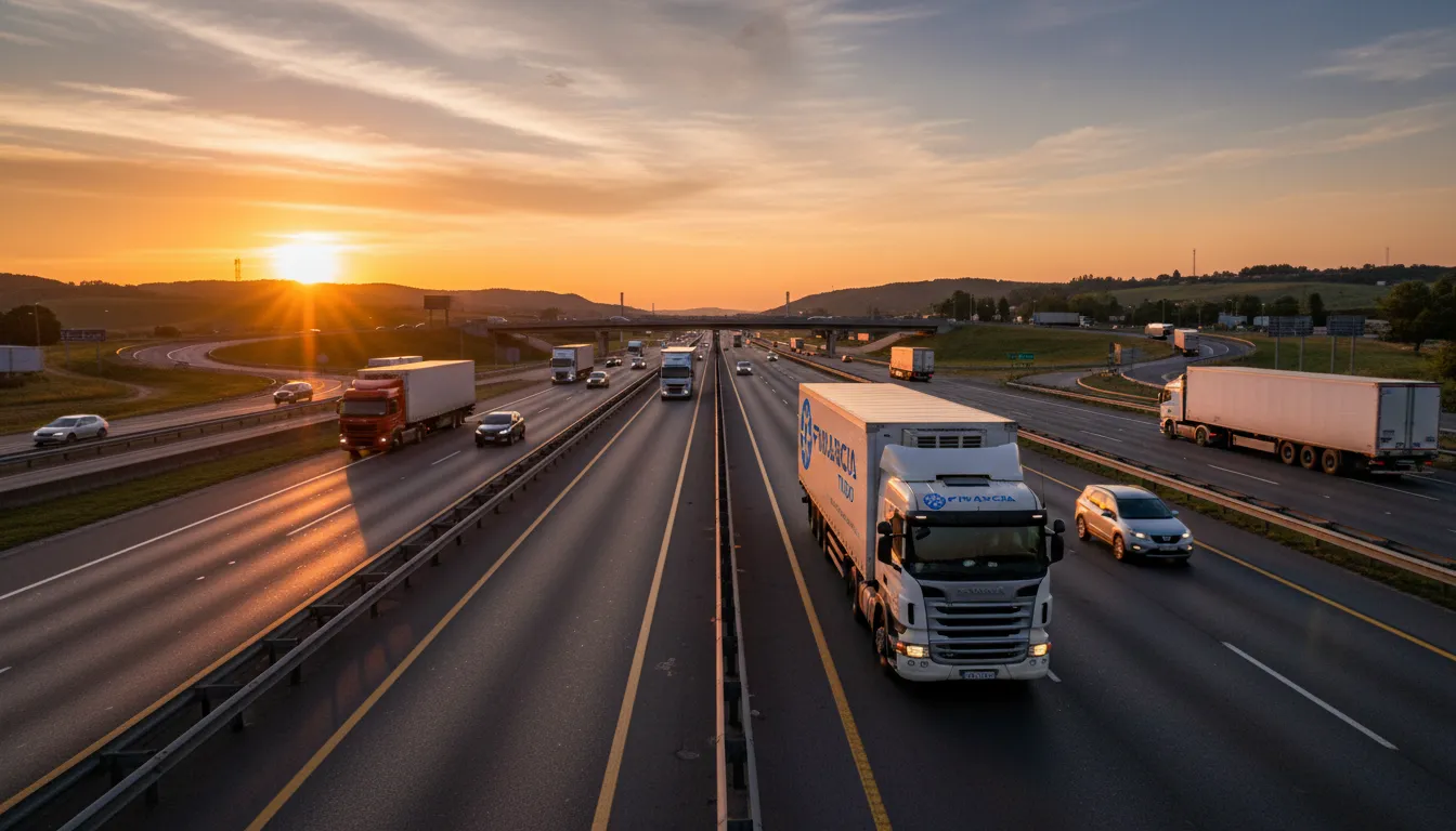 Rodovia movimentada com caminhões e destaque para anuncio discreto da Financia Tudo, que oferece o melhor financiamento de caminhão para trabalhar.