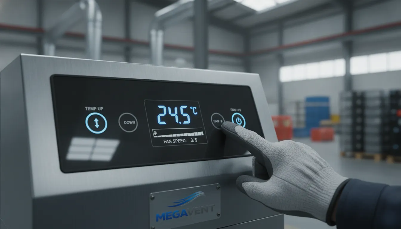 Detalhe do painel de controle digital de um climatizador industrial portátil MegaVent, mostrando facilidade de uso e configurações.