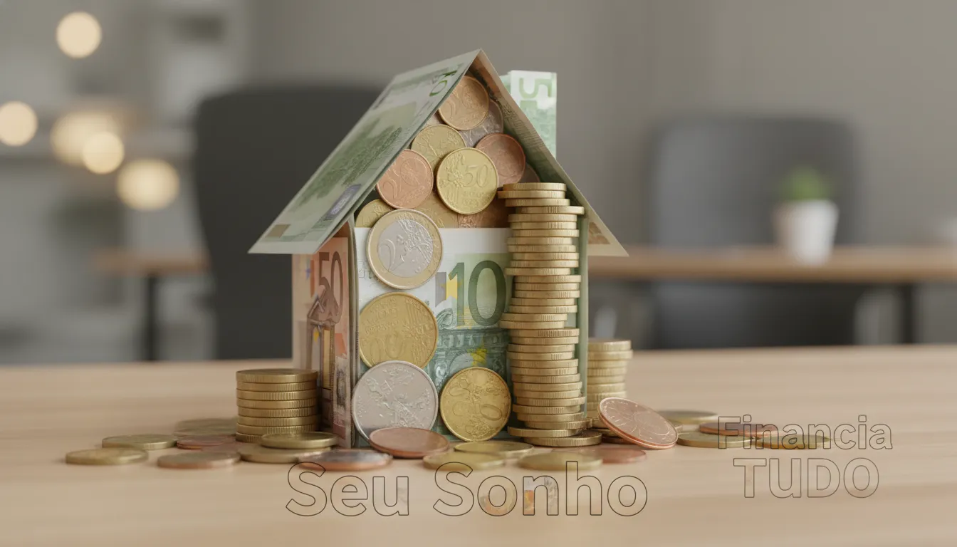Aplicativo Financia Tudo exibido em um celular, mostrando um formulário de solicitação de empréstimo para término de obra, com um capacete de construção ao lado.