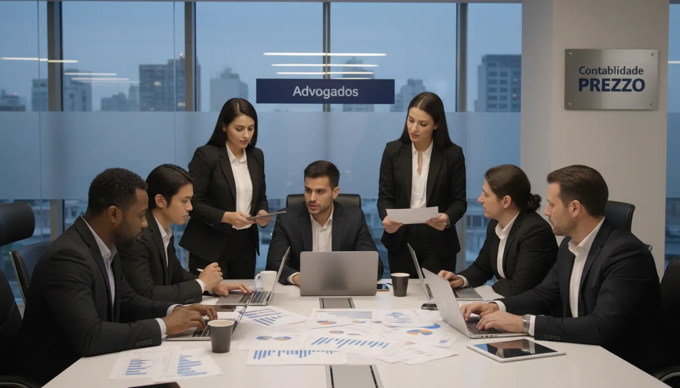Equipe de contadores e consultores financeiros colaborando em relatórios, ilustrando a contabilidade para advogados.