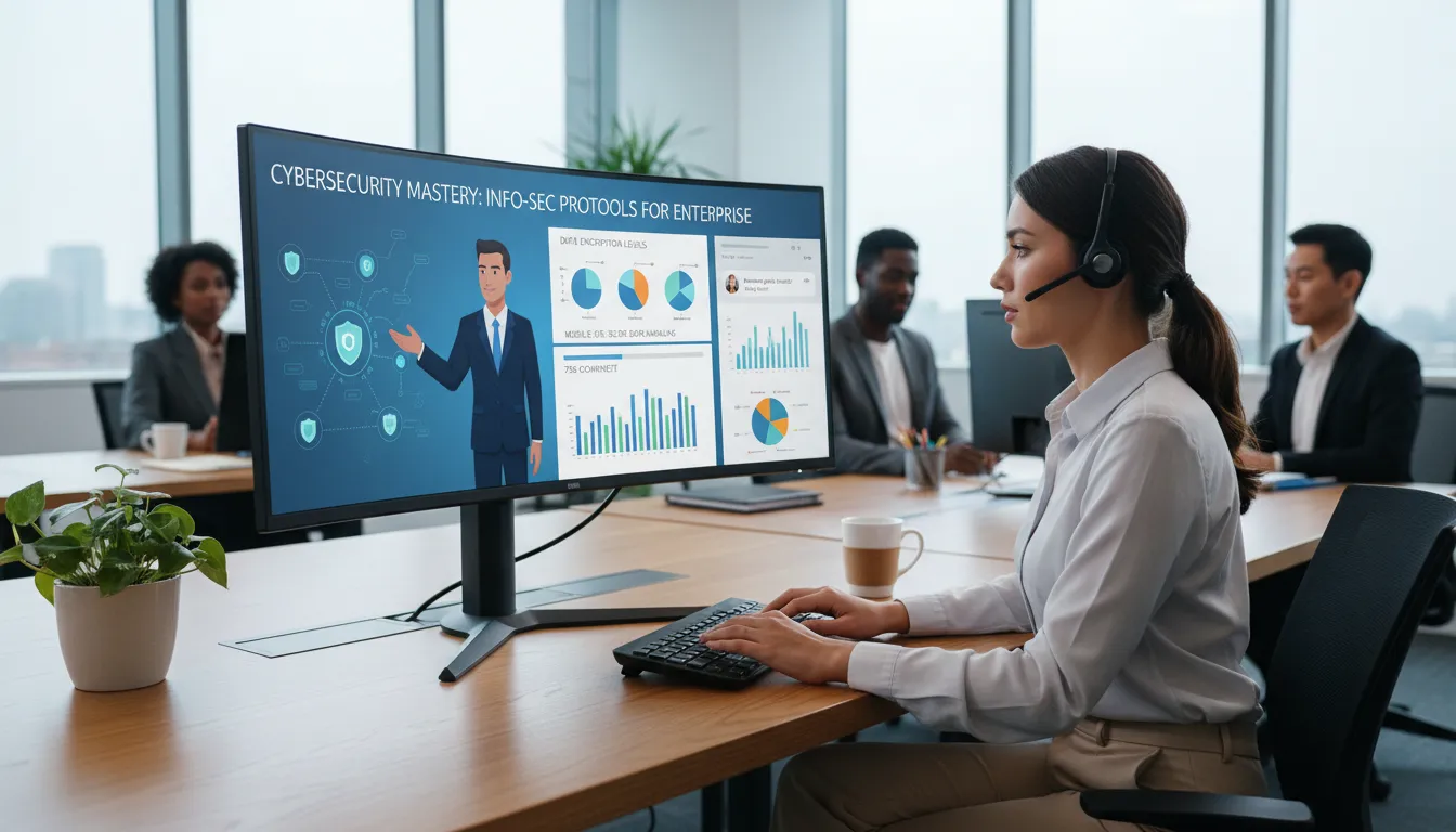 Funcionária aprende práticas de segurança da informação em ambiente corporativo moderno.